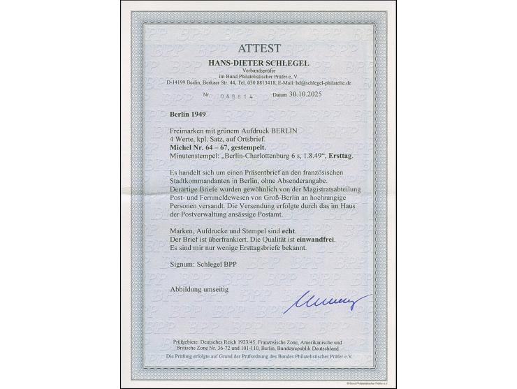 1949, Grünaufdruck 5 Pfg. - 1 M. je mit Ersttagstempel “BERLIN-CHARLOTTENBURG 9 1.8.49” auf FDC von der Magistratsabteilung o