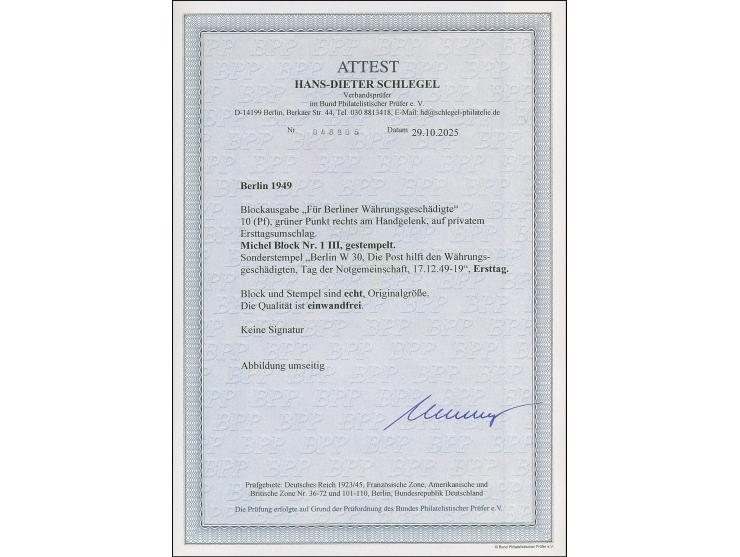 1949, Währungsgeschädigten-Block mit 10 Pfg. mit Plattenfehler “grüner Punkt rechts am Handgelenk sowie Bruch der Außenlinie 