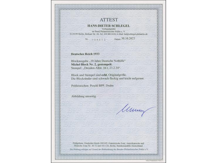 1939, Nothilfe-Block mit Stempel “DRESDEN ALTST. 16 23.3.34”, die Blockrändern sind kaum sichtbar fleckig bzw. leicht aufgera