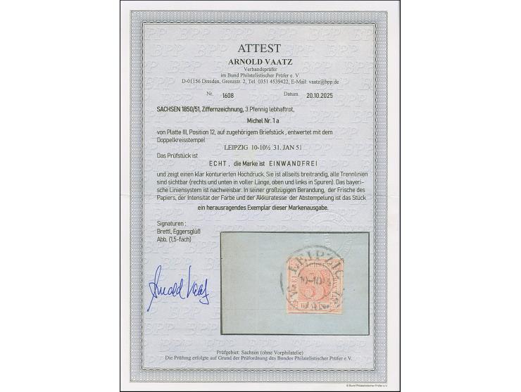 1850, 3 Pfg. lebhaftrot, Platte III, Position 12, farbfrisch und allseits sehr breitrandig mit sichtbaren Trennlinien an alle