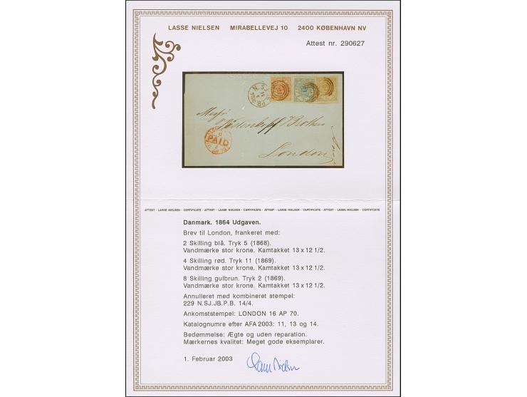 1864, 2 sk. blue, 4 sk. red and 8 skilling ocre, tied by duplex "229/N.SJ.JB.P.B. 14/4"(1870) to letter sheet to London. Fine