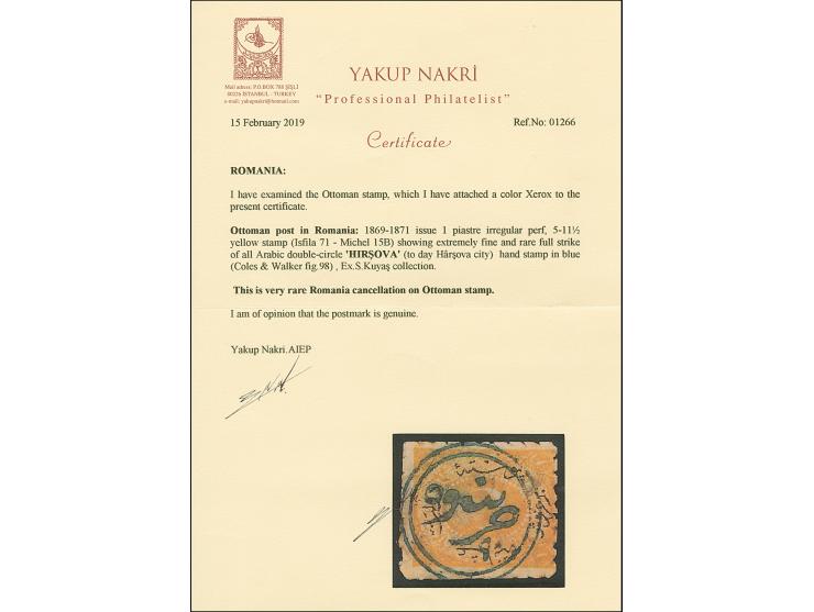 "HIRSOVA", all arabic double-circle, clear and complete strike in blue on 1869/71, 1 pia. yellow. Extremely rare. Certificate