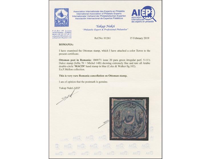 "MACIN", all arabic double-circle, clear and complete strike in blue on 1869/71, 20 pa. green. Extremely rare. Certificate Na