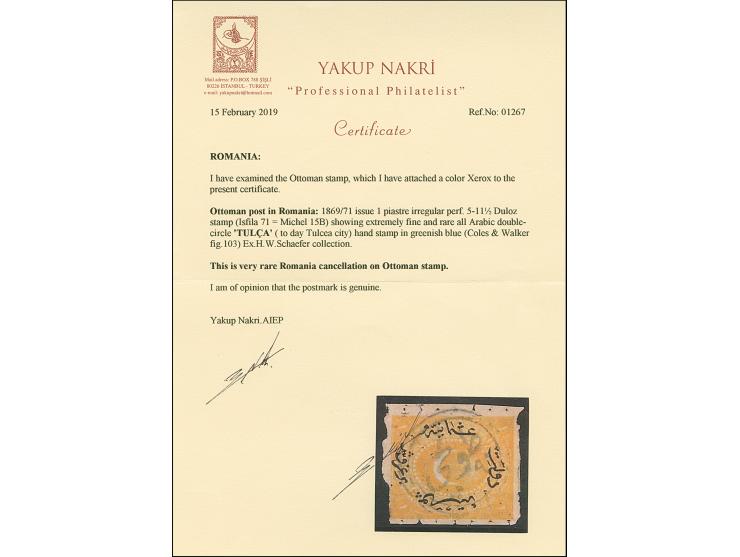 "TULCA", all arabic double-circle, clear and complete strike in blue on 1869/71, 1 pia. Extremely rare. Certificate Nakri AIE