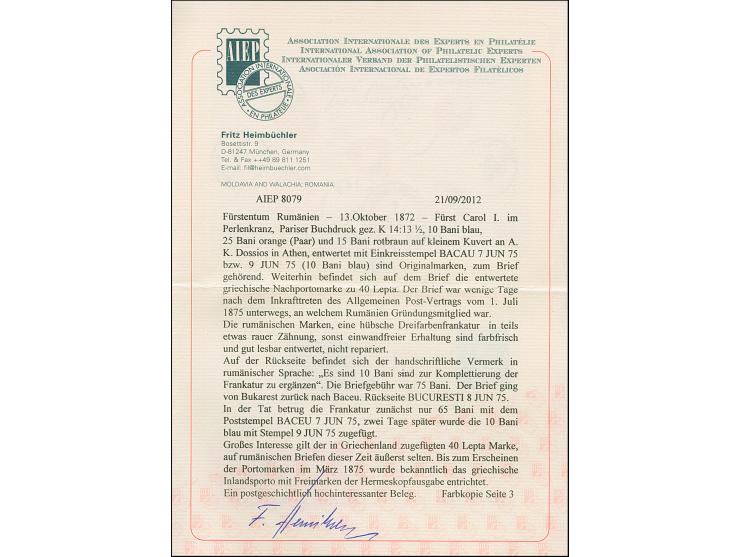 1872, Paris print 10 b. blue, 15 b. deep brown and 25 b. yellowish bistre (2), tied to envelope from "BACAU 7 JUN 75", endors