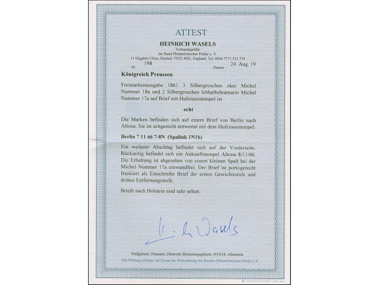 “BERLIN ** 7.11.66” (Spalink 1N1b) mehrfach in blau auf Preussen Wappen 2 und 3 Sgr. als tarifgerechte Frankatur auf R-Briefk