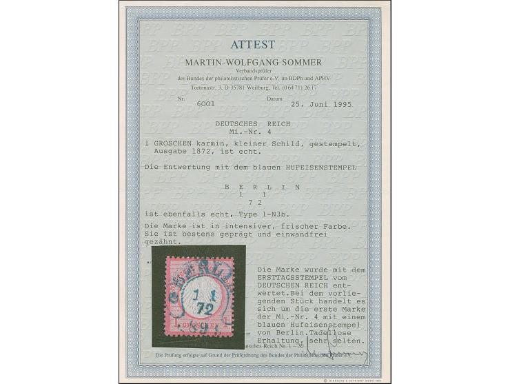 “BERLIN** 1.1.72” (Spalink 1-N3b) in Blau klar auf loser Marke kleiner Schild 1 Gr. karmin. Die farbfrische Marke ist gut gep
