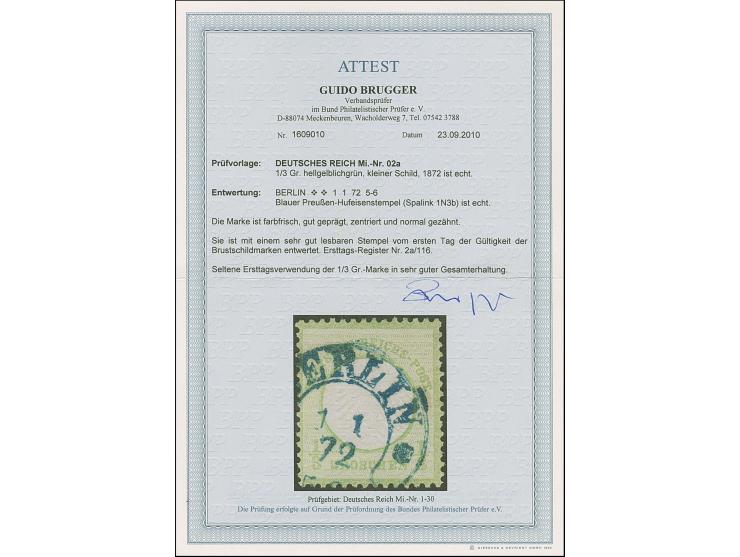 “BERLIN** 1.1.72” (Spalink 1N3b) klar in Blau auf loser Marke kleiner Schild ⅓ Gr. hellgelblichgrün. Die farbfrische Marke is