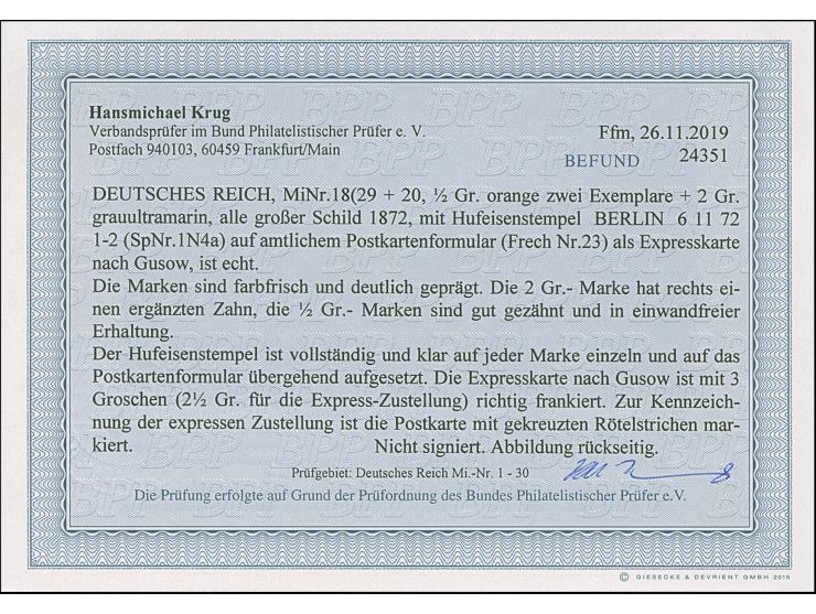 “BERLIN** 6.11.72” (Spalink 1N4a) mehrfach klar in Schwarz auf zwei Einzelmarken großer Schild ½ Gr. orange und Einzelmarke 2