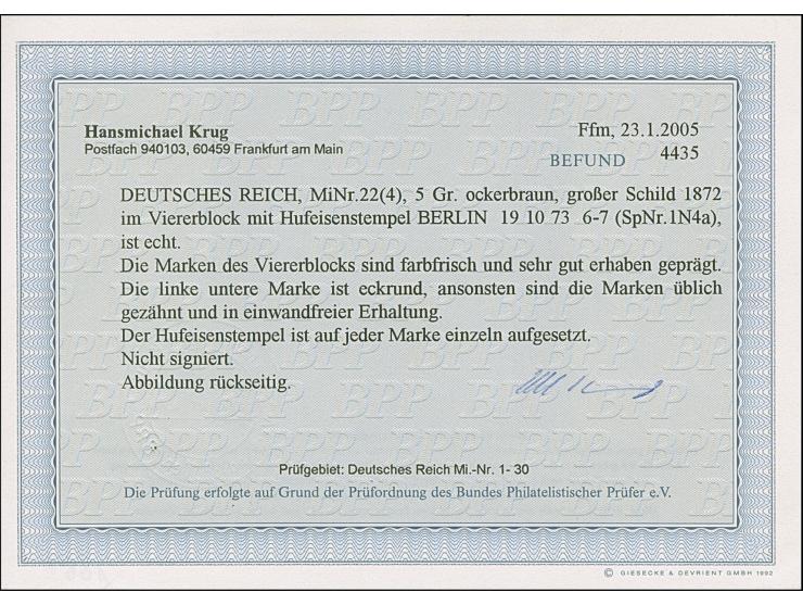 “BERLIN** 19.10.73” (Spalink 1N4a) mehrfach klar auf Viererblock großer Schild 5 Gr. ockerbraun. Die farbfrischen Marken sind