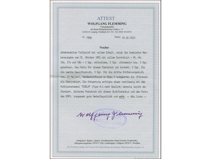 “COELN** &nbsp;6.7.65” (Spalink 4-1), mehrfach auf Preußen Wappen 1 Sgr. mittelrosa, 2 Sgr. ultramarin und 3 Sgr. graubraun a