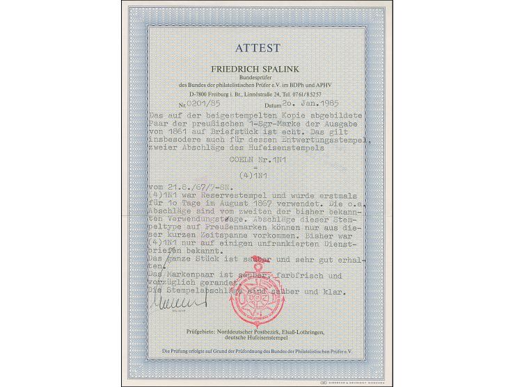 “COELN ** 21.8.67” (Spalink 4-1N1) zweimal klar auf waagerechtem Paar Preußen Wappen 1 Sgr. mittelrosa auf Briefstück, in ein