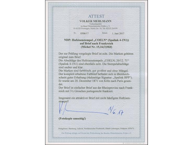 “COELN ** 20.12.71” (Spalink 4-1N1) mehrfach klar Norddeutscher Postbezirk ½ Gr. orange sowie Einzelmarke und waagerechtem Pa