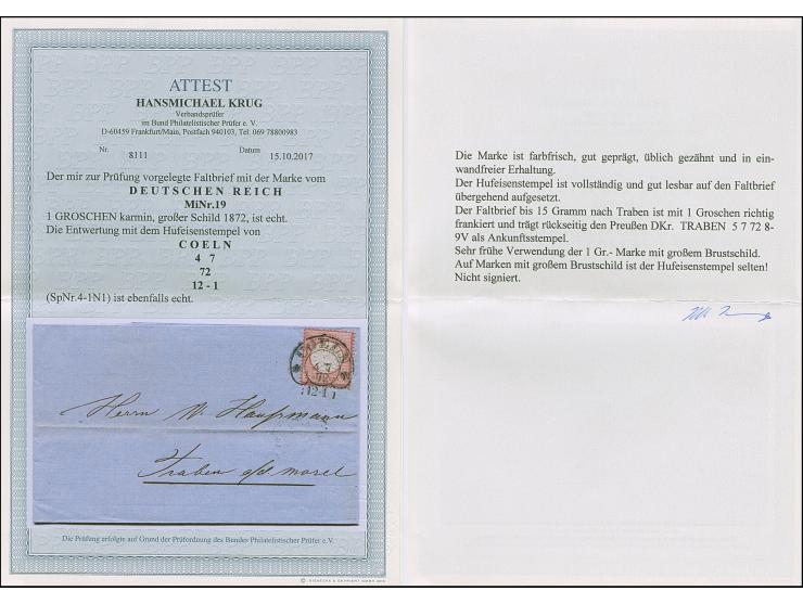 “COELN** 4.7.72” (Spalink 4-1N1) sehr klar auf großer Schild 1 Gr. karmin auf Faltbriefhülle nach Traben mit Ankunftsstempel.