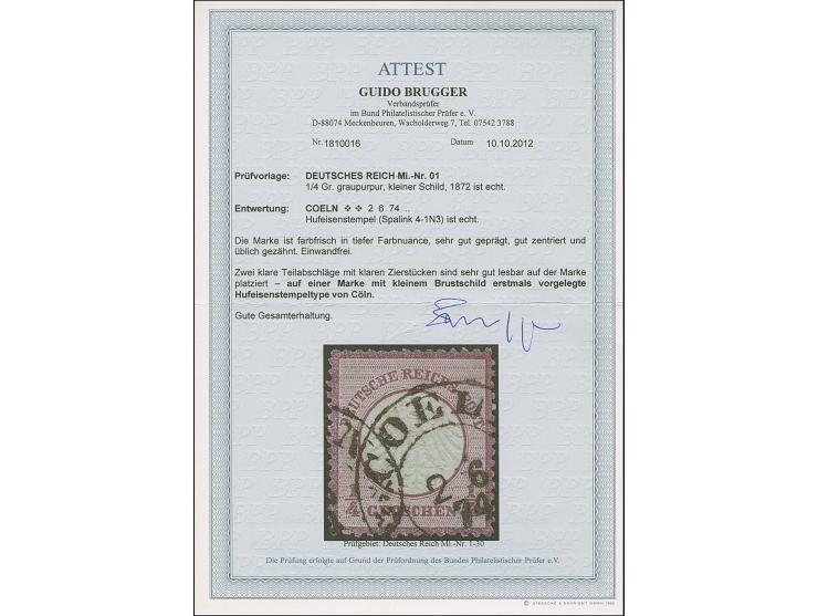 “COELN** 2.6.74” (Spalink 4-1N3) sehr klar auf loser Marke kleiner Schild ¼ Gr. graupurpur. Die farbfrische Marke ist sehr gu