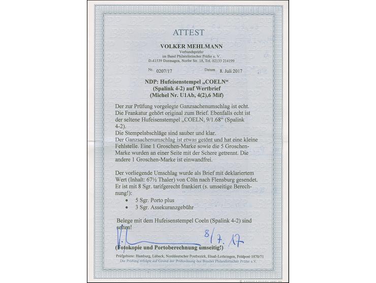 “COELN** 9.1.68” (Spalink 4-2) mehrfach klar auf Norddeutscher Postbezirk Ganzsachenumschlag 1 Gr. mit tarifgerechter Zufrank