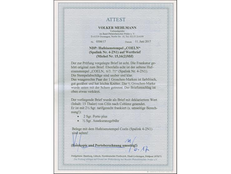 “COELN** 6.3.71” (Spalink 4-2N1) mehrfach klar auf Norddeutscher Postbezirk ½ Gr. orange und waagerechtem Paar 1 Gr. gezähnt 