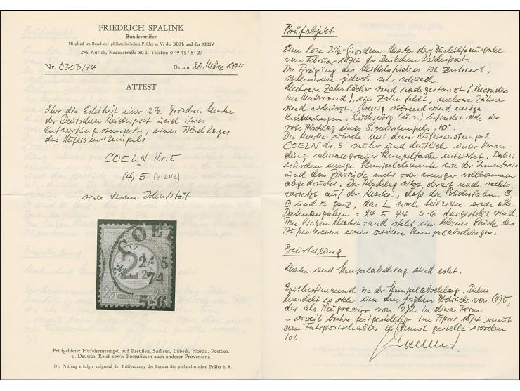 “COELN** 24.5.74” (Spalink 4-2N2) zweimal klar auf zwei losen Marken Ausgabe 1874 2½ auf 2½ Gr. rötlichbraun. Die farbfrische