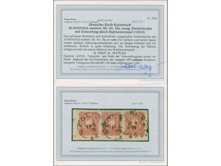 “COELN** 18.3.75” (Spalink 4-2N2) mehrfach etwas undeutlich auf waagerechtem Dreierstreifen 10 Pfge mattrot auf Briefstück. B