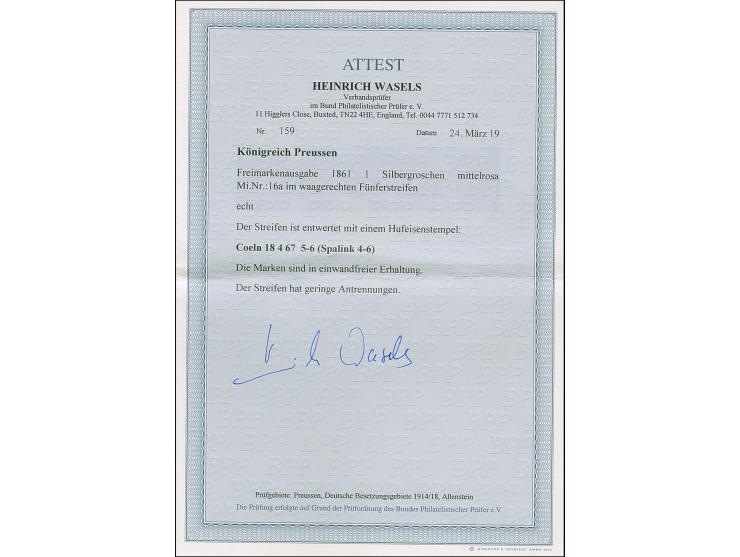 “COELN 18.4.67” (Spalink 4-6) mehrfach sehr klar auf waagerechtem 5er-Streifen Preußen Wappen 1 Sgr. mattrosa in einwandfreie