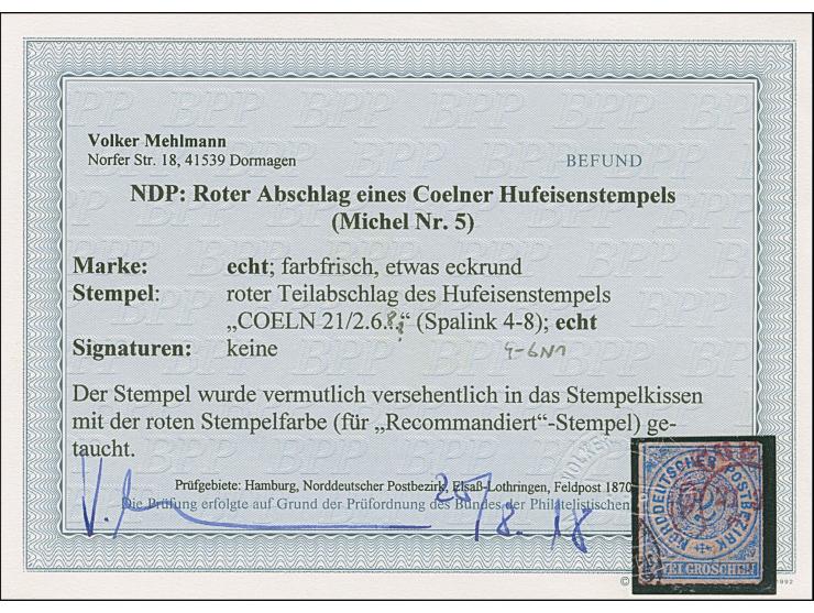 “COELN 21.2.68” (Spalink 4-6N1) in Rot auf loser Marke Norddeutscher Postbezirk 2 Gr. durchstochen. Die leicht eckrunde Marke