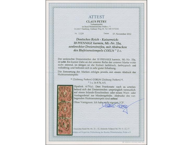 “COELN *1c 16.8.76” (Spalink 4-7Ny) mehrfach recht klar auf senkrechtem Dreierstreifen 10 Pfge karmin. Die farbfrischen Marke