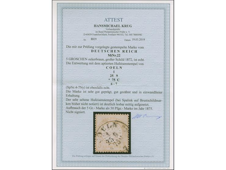 “COELN *1c 25.9.75” (Spalink 4-7Ny) recht klar auf loser Marke großer Schild 5 Gr. ockerbraun. Die farbfrische Marke ist sehr