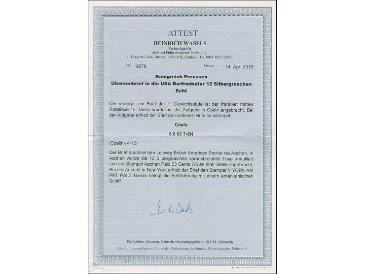 “COELN 6.8.66” (Spalink 4-12) sehr klar auf komplettem Faltbrief mit Röteltaxe “12” (Silbergroschen, bar bezahlt) via “AACHEN