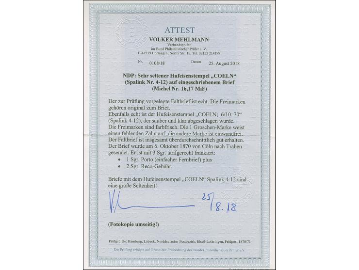 “COELN 6.10.70” (Spalink 4-12) mehrfach klar auf Norddeutscher Postbezirk 1 und 2 Gr. gezähnt als tarifgerechte Frankatur auf
