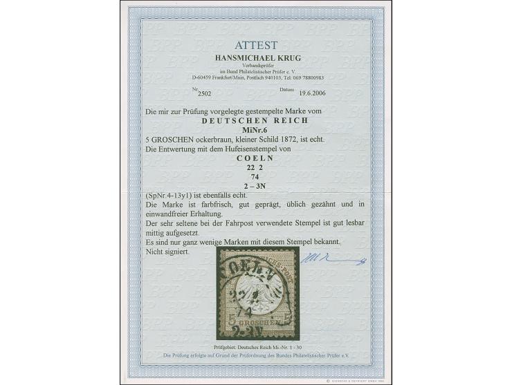 “COELN 22.2.74” (Spalink 4-13y1) recht klar auf loser Marke kleiner Schild 5 Gr. ockerbraun. Die farbfrische Marke ist gut ge