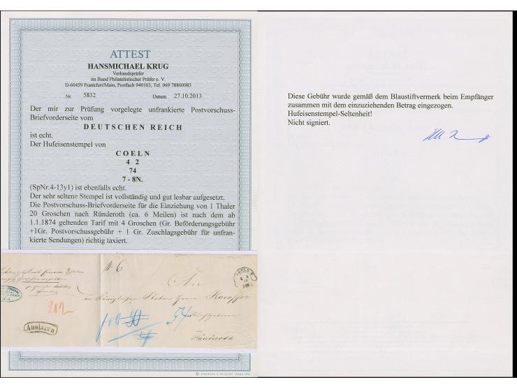 “COELN 4.2.74” (Spalink 4-13y1) klar auf langformatigem Postvorschuss-Briefvorderseite für die Einziehung von 1 Thaler mit Au