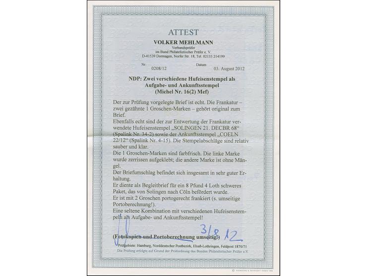 “COELN** 22.12.” (Spalink 4-15) klar als Ankunftsstempel rückseitig auf Paketbegleitbrief mit zwei Einzelmarken 1 Gr. gezähnt