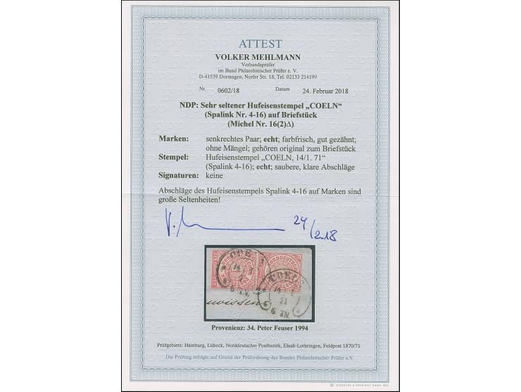 "COELN** 14.1.71" (Spalink 4-16), zweimal klar auf senkrechtem Paar Norddeutscher Postbezirk 1 Gr. gezähnt auf Briefstück, in