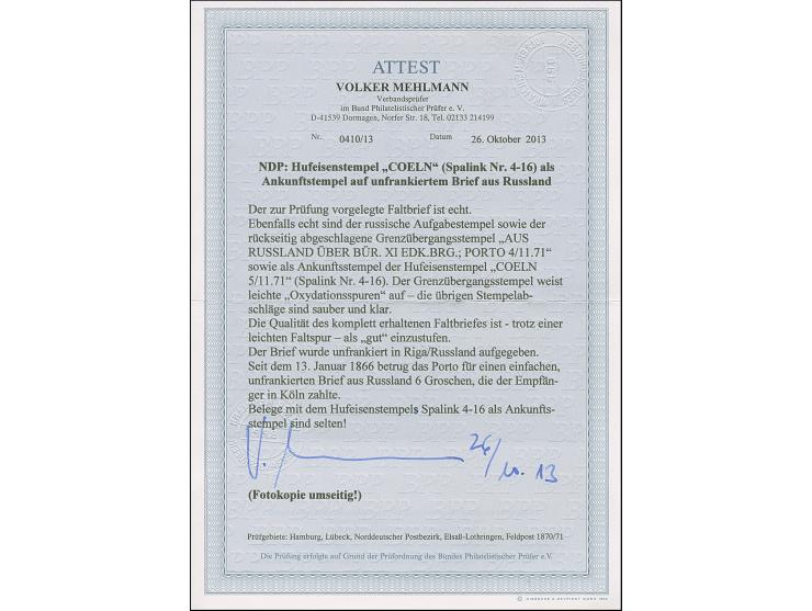 “COELN** 5.11.71” (Spalink 4-16) sehr klar rückseitig als Ankunftsstempel auf unfrankiertem, kompletten Faltbrief aus “RIGA 2