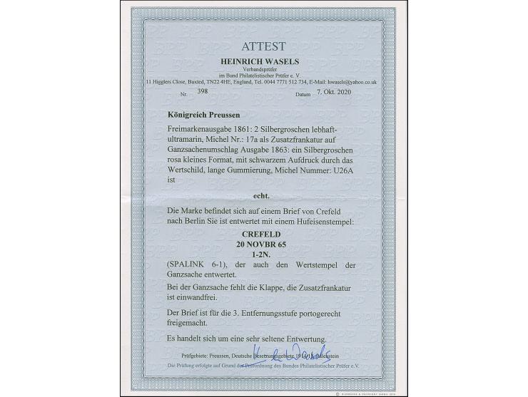 “CREFELD** 20.NOVBR.65” (Spalink 6-1) mehrfach klar auf Preußen Ganzsachenumschlag Wappen 1 Sgr. mit tarifgerechter Zufrankat