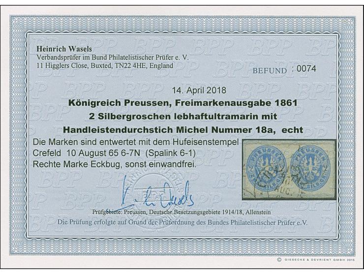 “CREFELD** 10.AUG.65” (Spalink 6-1) recht klar auf waagerechtem Paar Preußen 2 Sgr. lebhaftultramarin auf Briefstück. Die rec