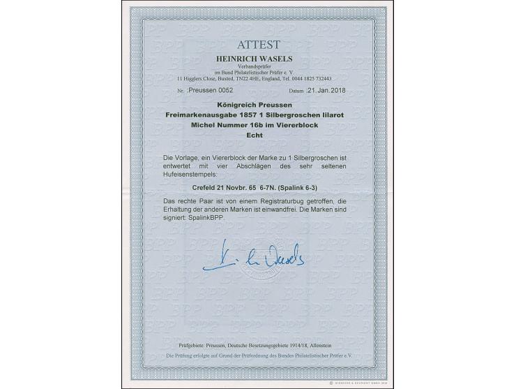 “CREFELD 21.NOBR.65” (Spalink 6-3) mehrfach klar auf Viererblock Preußen Wappen 1 Sgr. lilarot. Die farbfrische Einheit hat r