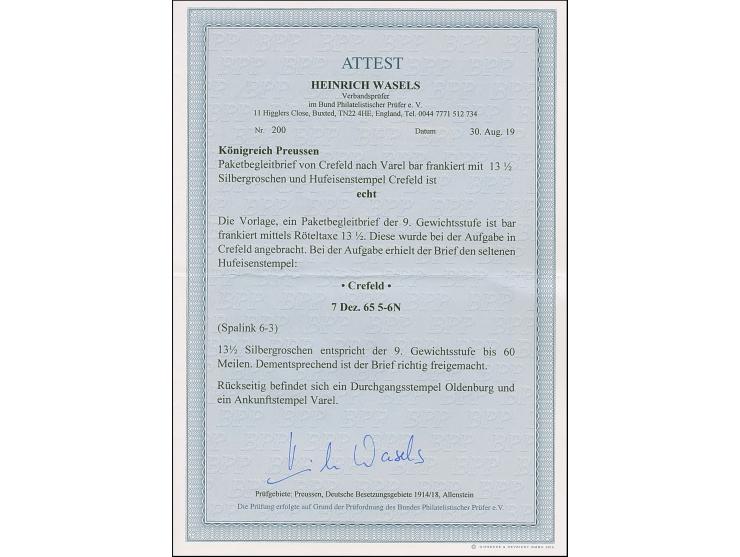 “CREFELD 7.DECBR.65” (Spalink 6-3) sehr klar auf bar bezahltem, kompletten Paketbegleit-Faltbrief der 9. Gewichtsstufe bis 60