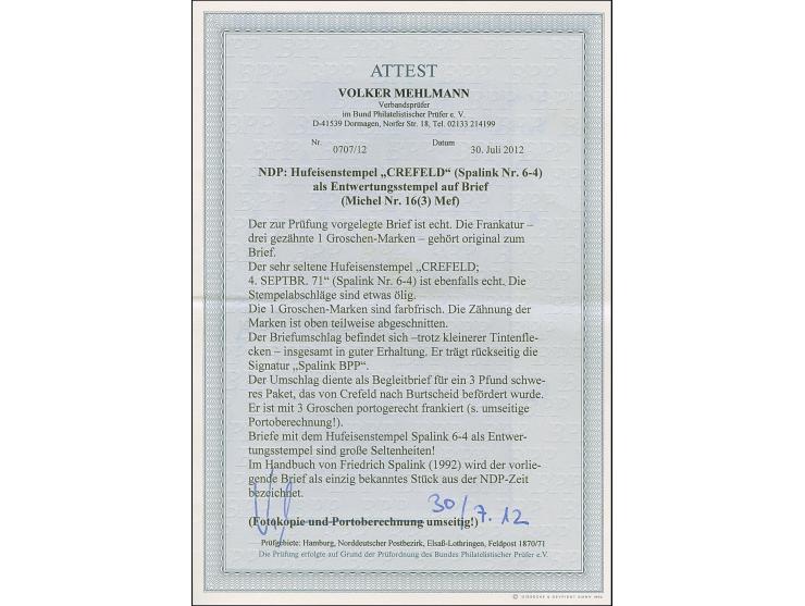 “CREFELD 4.SEPTBR.71” (Spalink 6-4) mehrfach recht klar auf drei Einzelmarken Norddeutscher Postbezirk 1 Gr. gezähnt als tari