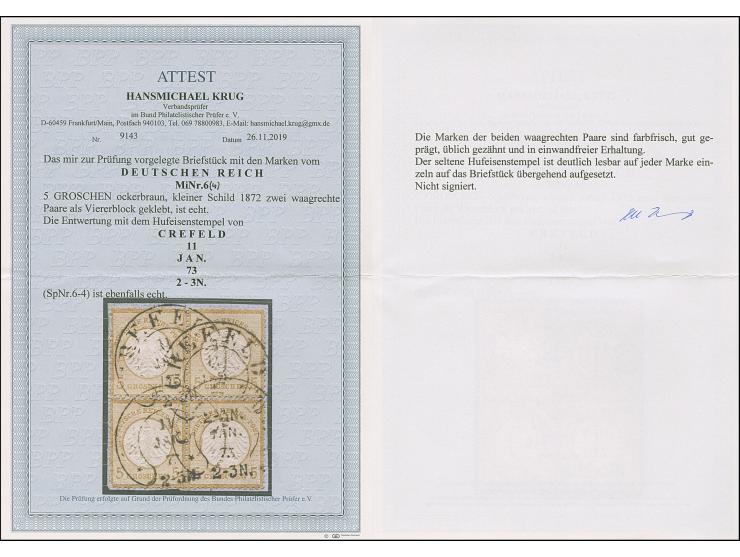 “CREFELD 11.JAN.73” (Spalink 6-4) viermal recht klar auf zwei senkrechten Paaren kleiner Schild 5 Gr. ockerbraun, als Viererb