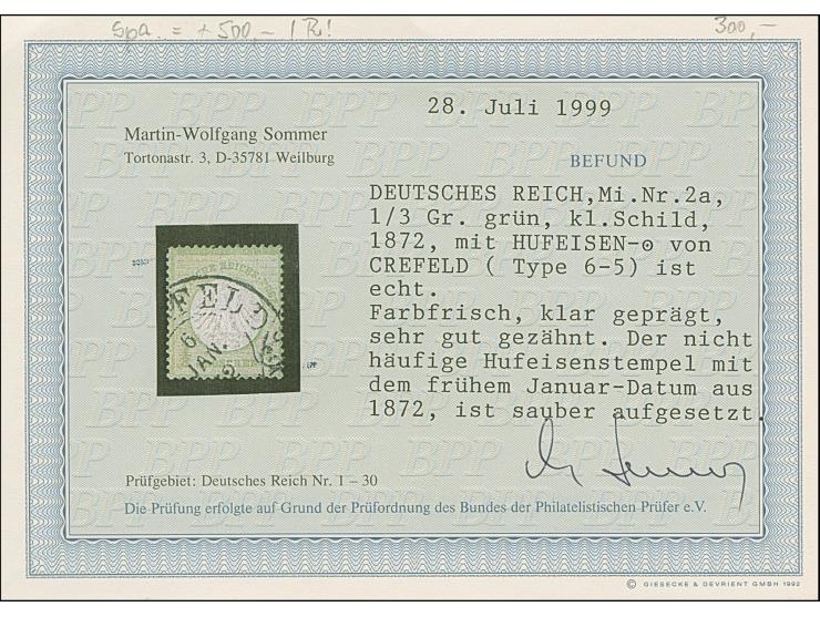 “CREFELD 6.JAN.72” (Spalink 6-5) klar auf loser Marke ⅓ Gr. hellgelblichgrün. Die farbfrische Marke ist gut geprägt, normal g
