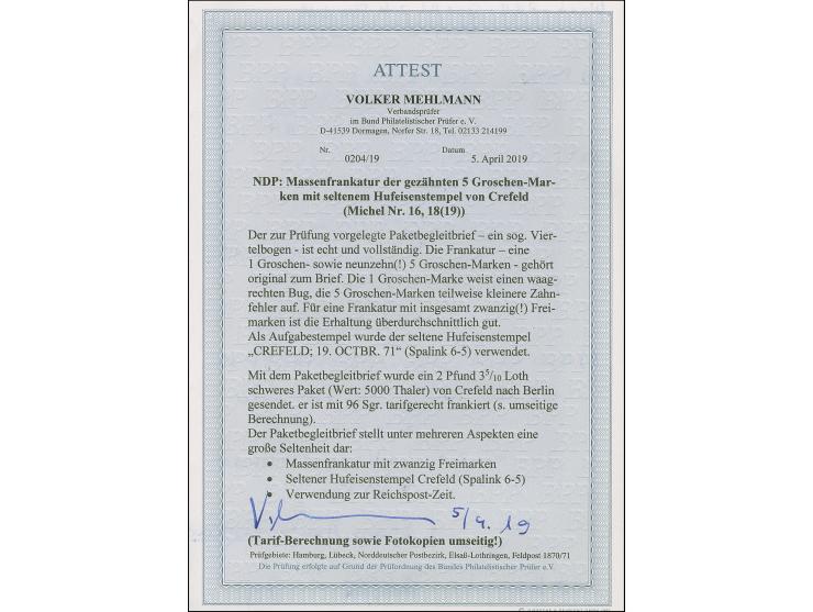“CREFELD 19.OCTBR.71” (Spalink 6-5) mehrfach auf 19 Marken Norddeutscher Postbezirk 5 Gr. gezähnt (meist in senkrechten Einhe