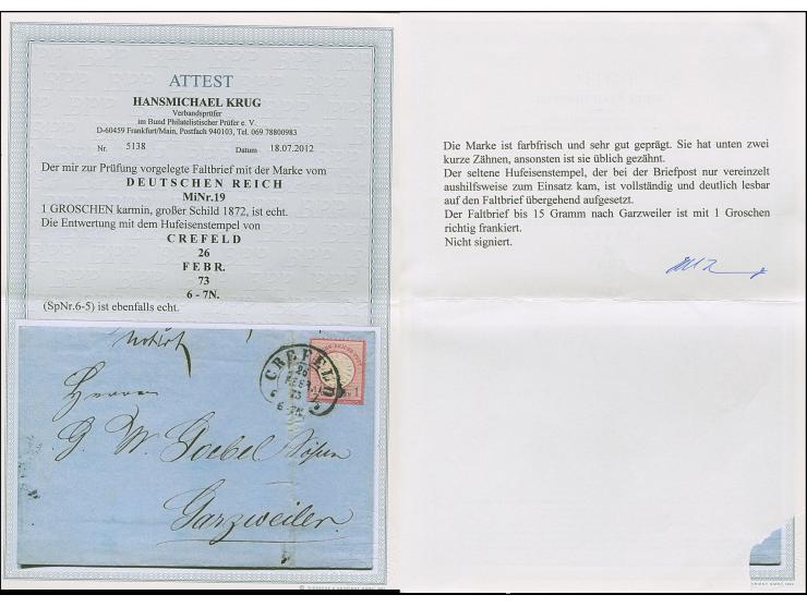 “CREFELD 26.FEBR.73” (Spalink 6-5) klar auf großer Schild 1 Gr. karmin auf Faltbriefhülle nach Garzweiler mit Ausgabestempel.