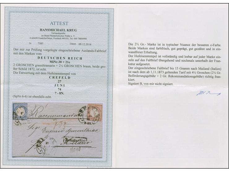 “CREFELD 27.JUNI.74” (Spalink 6-6) zweimal recht klar auf großer Schild 2 Gr. grauultramarin und 2½ Gr. braun als tarifgerech