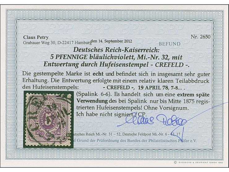 “CREFELD 19.APRIL.78” (Spalink 6-6) klar auf loser Marke 5 Pfge bläulichviolett, in einwandfreier Erhaltung. Eine extrem spät