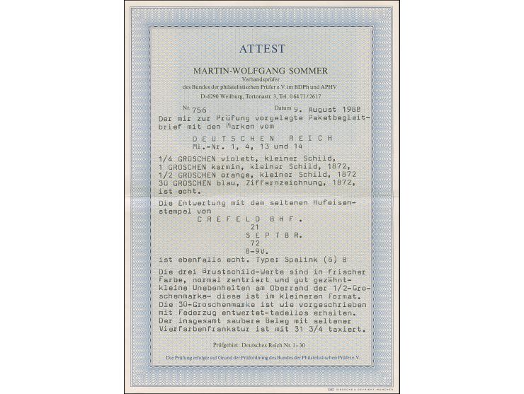“CREFELD BHF. 21.SEPTBR.72” (Spalink 6-8) mehrfach klar auf kleiner Schild ¼ Gr. violettpurpur, 1 Gr. karmin und ½ Gr. orange
