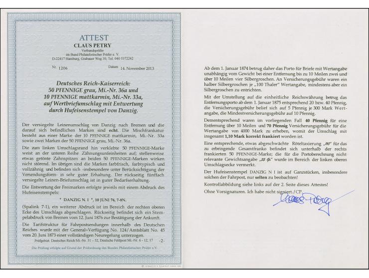 “DANZIG NI 10.JUNI.76” (Spalink 7-1) mehrfach klar auf 10 Pfge mattkarmin und zwei Einzelmarken 50 Pfge grau als tarifgerecht