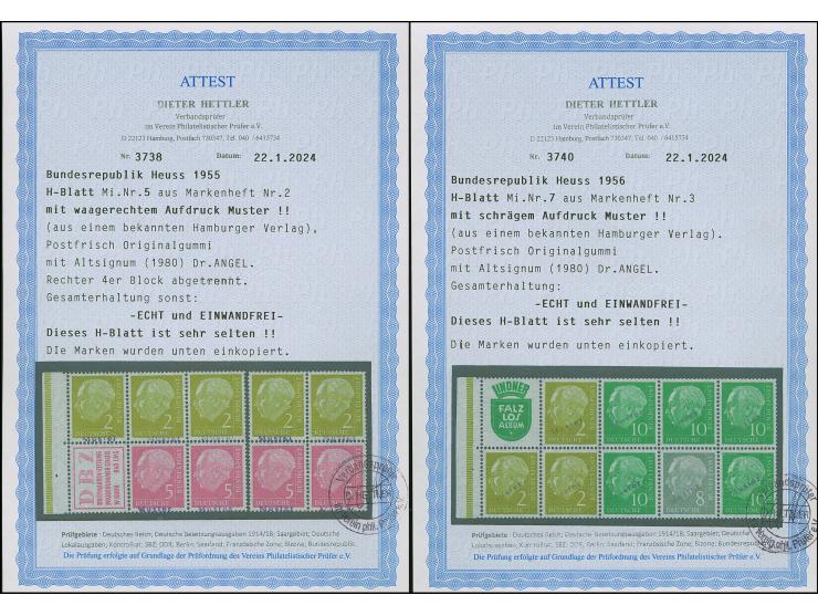 1955/56, Heuss H-Blatt 3,5, 6 und 7 (teils stärker angetrennt, H-Bl. 5 ein Viererblock rechts abgetrennt), jeder Wert mit Han