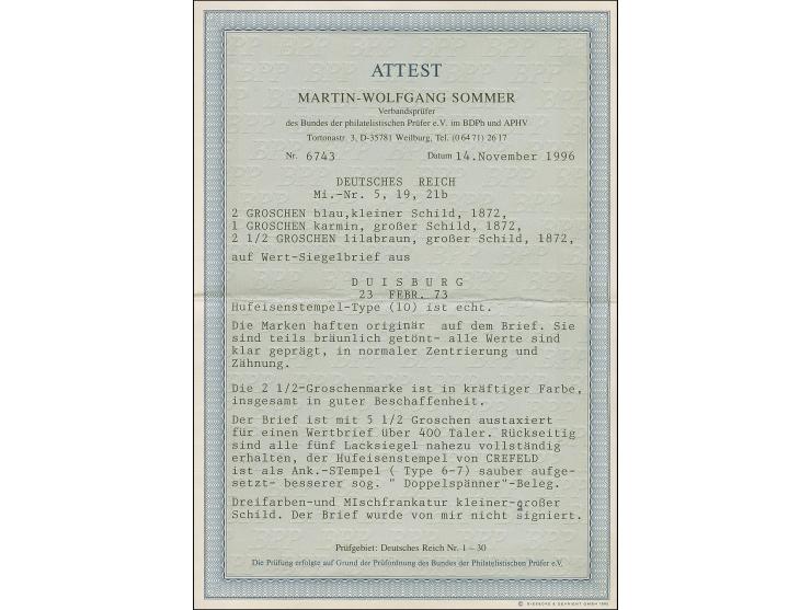 “DUISBURG 23.FEBR.73” (Spalink 10) mehrfach auf kleiner Schild 2 Gr. grauultramarin und großer Schild 1 Gr. karmin und 2½ Gr.