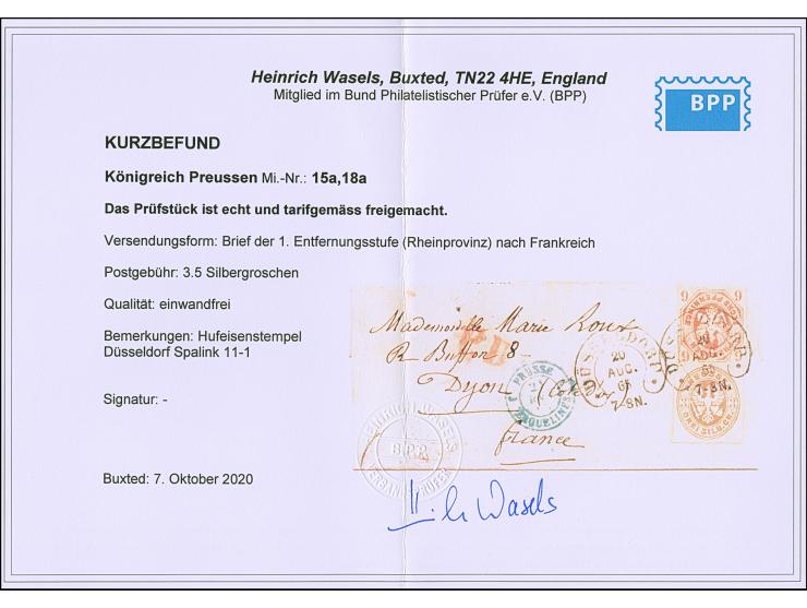 “DÜSSELDORF 20.AUG.65” (Spalink 11-1) sehr klar auf Preußen Wappen 6 Pfg. orange und 3 Sgr. hellbraun als tarifgerechte Frank